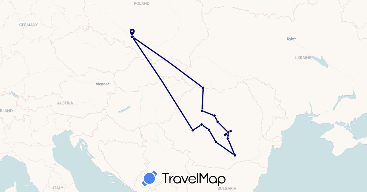 TravelMap itinerary: driving in Poland, Romania (Europe)